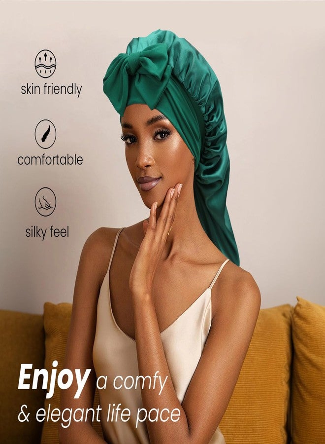 جيلي قبعة للشعر المضفر، قبعة مزدوجة الجوانب للشعر المضفر الطويل للنساء ذوات البشرة السمراء، قبعة من حرير الساتان للنوم، قبعة نوم للشعر الطويل برباط - أخضر غامق - Image 5